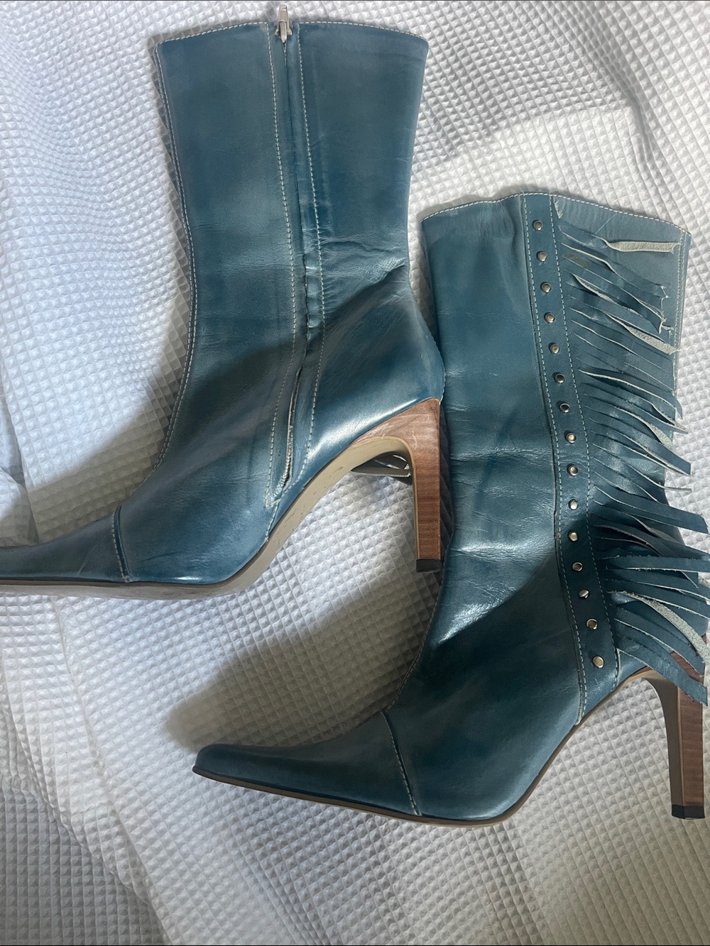 Steve Madden Teal Fringe Leather Mid-Calf Heel Boots